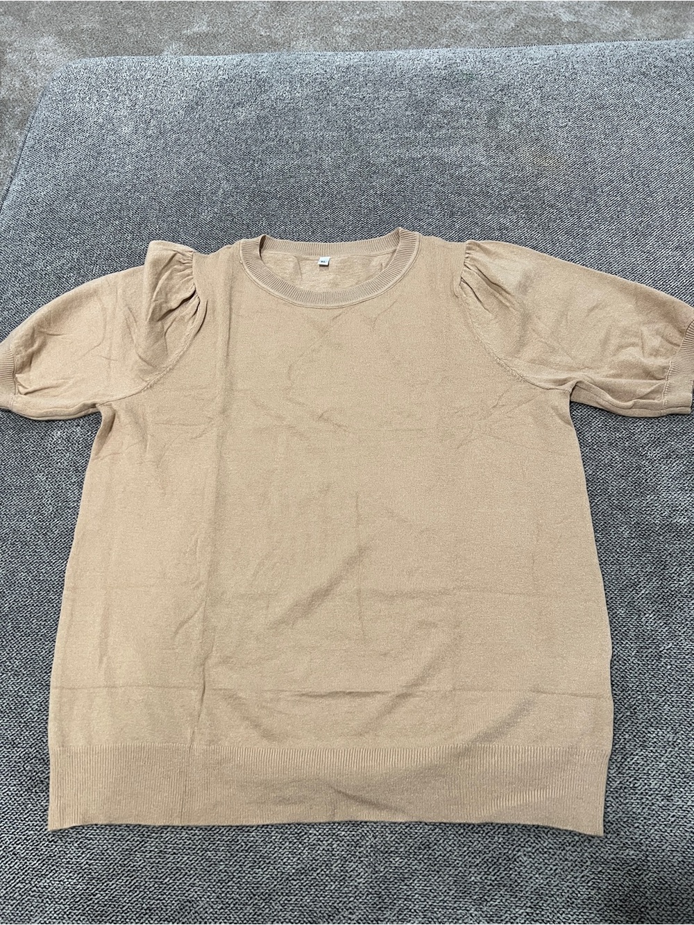 Beige Puff-Sleeve Knit Top